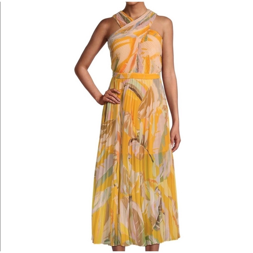 Ted Baker Ansa Cross Front Pleated Midi Dress Yellow Tropical Palm Halter